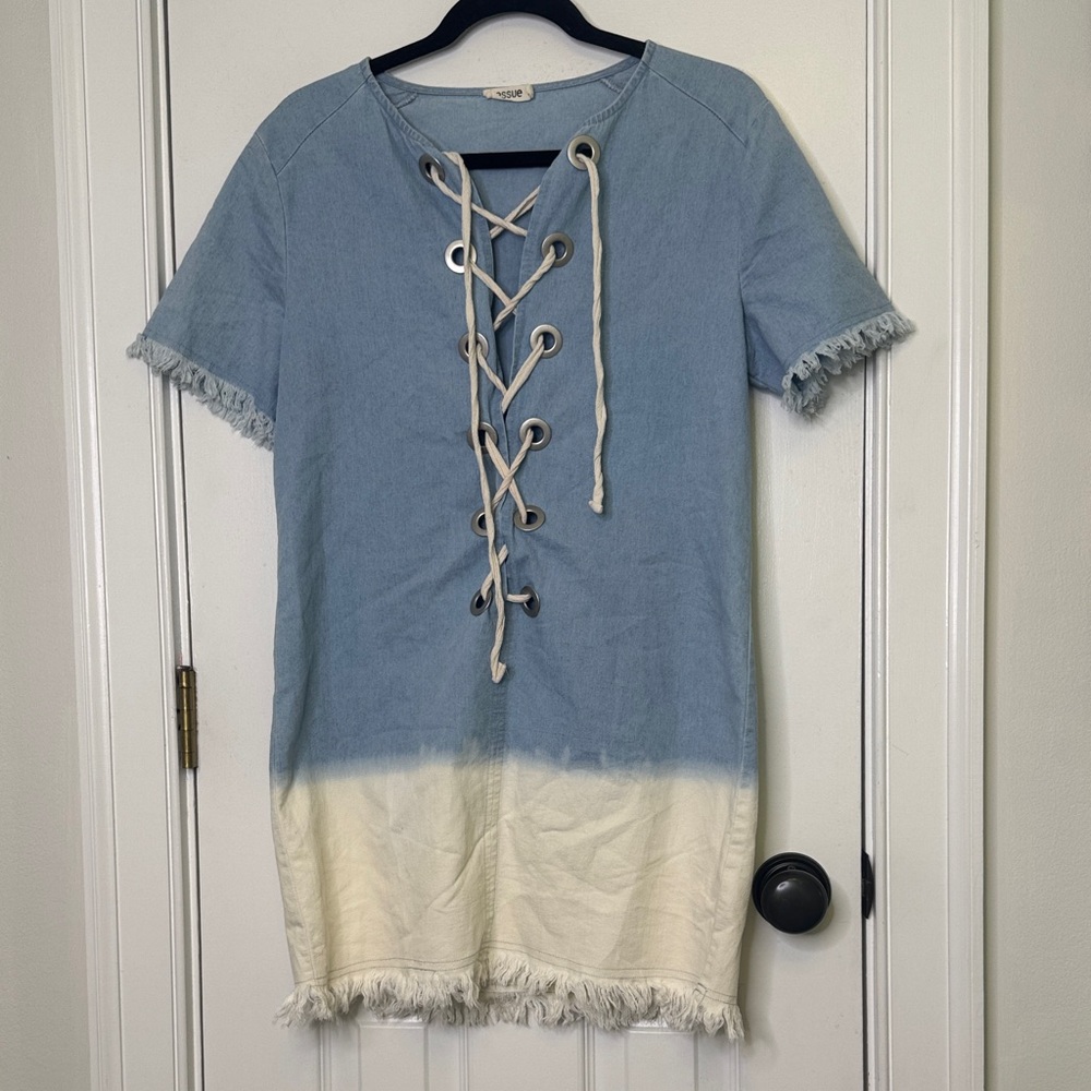 Essue Lace-Up Ombre Denim Mini Dress Small Frayed Edges